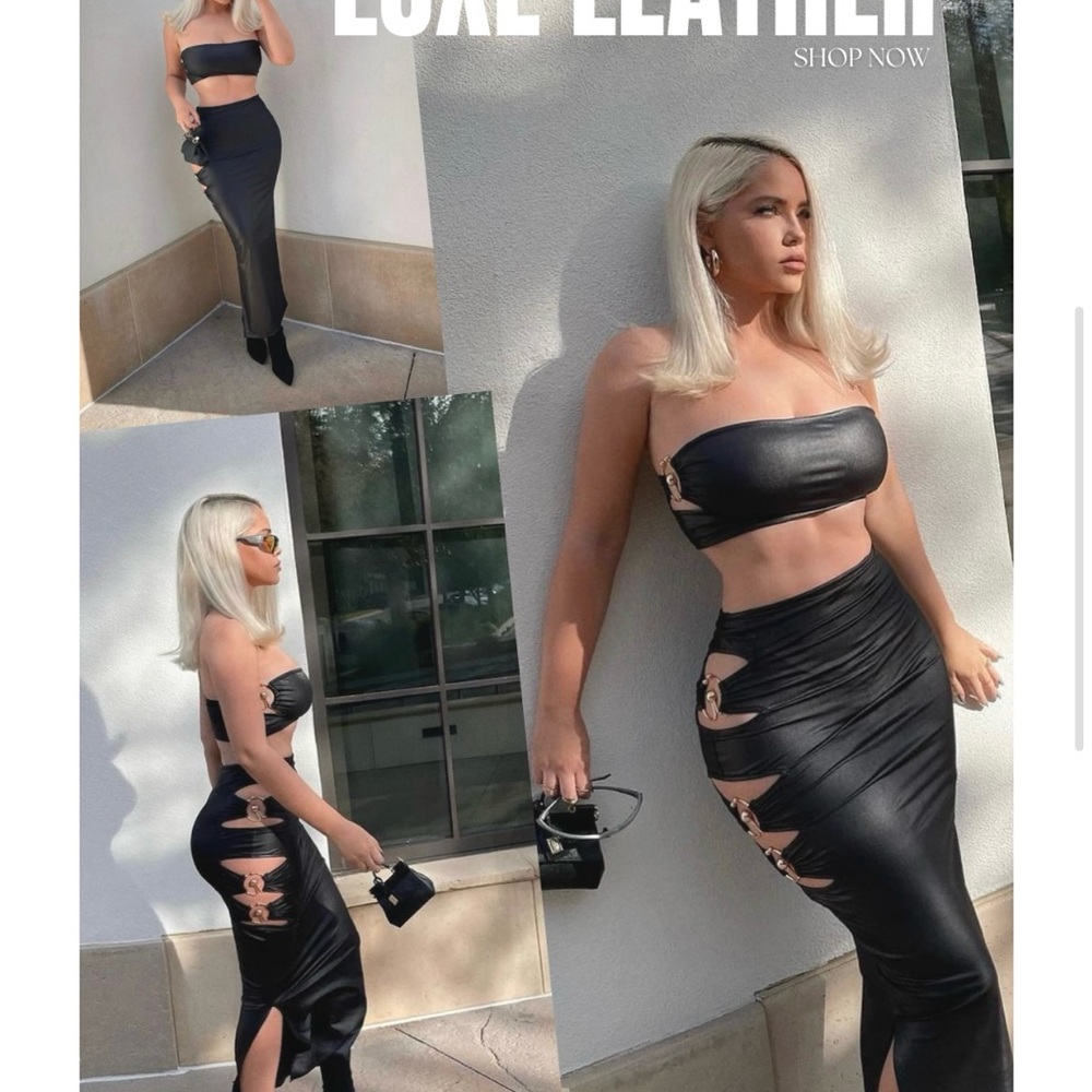 Hot Miami Styles Black Faux Leather Gold Ring Cut Out Slit Skirt Two Piece Set